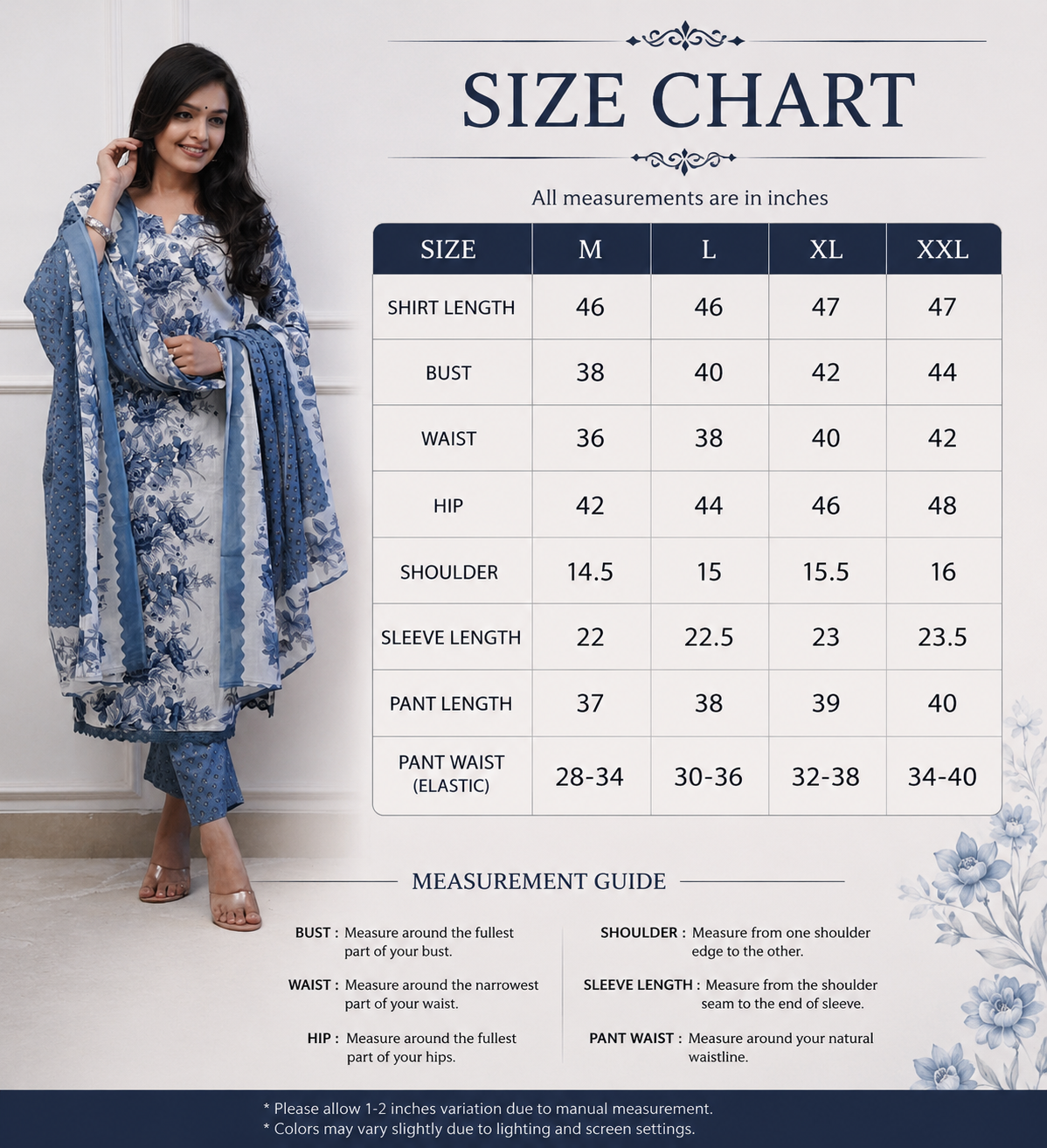 Indigo Blue Floral Printed Kurta Set with Dupatta for Women | Elegant Ethnic Wear