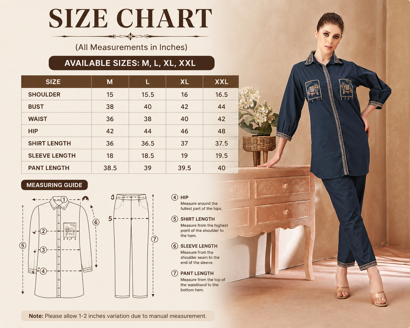 Women's Embroidered Cotton Rust Orange & Navy Blue Co-Ord Set | Designer Shirt & Pant Set | Attire Vogue