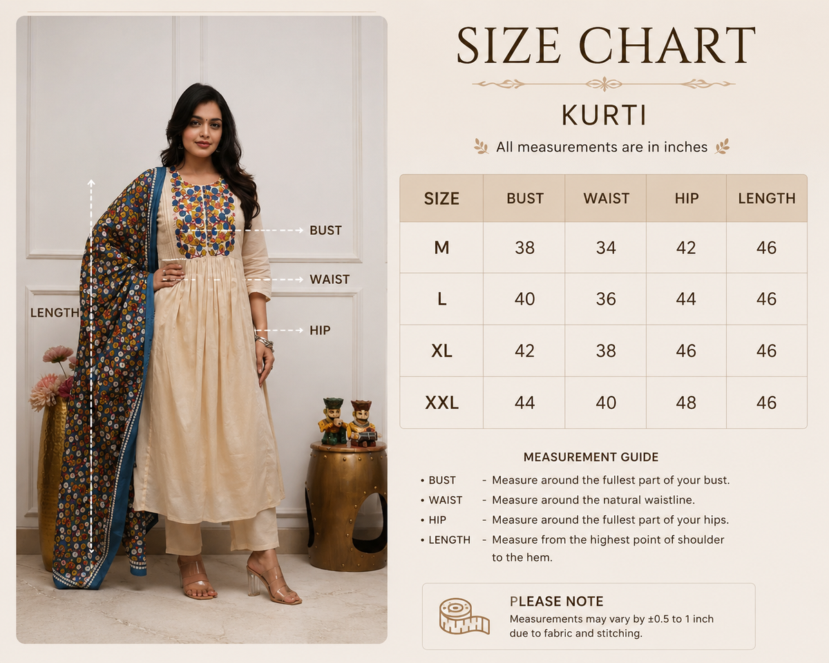 Premium Cream Embroidered Kurti Pant Set with Printed Dupatta for Women | Festive & Casual Wear