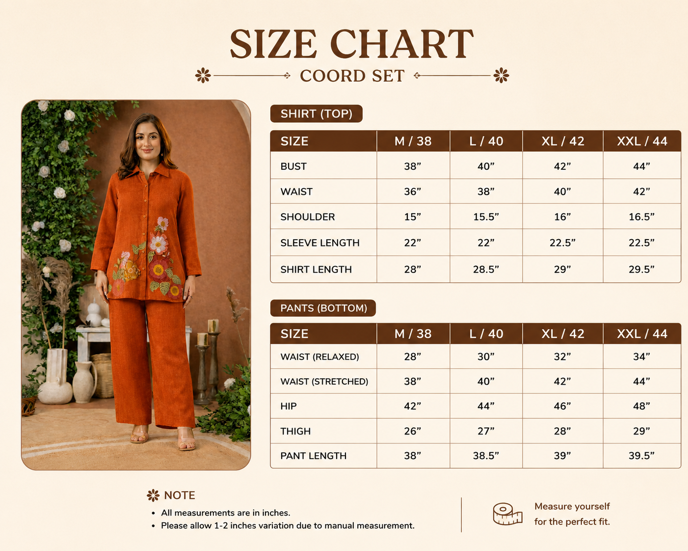 Rust Orange & Beige Floral Embroidered Cotton Co-Ord Set for Women | Premium Casual & Ethnic Wear