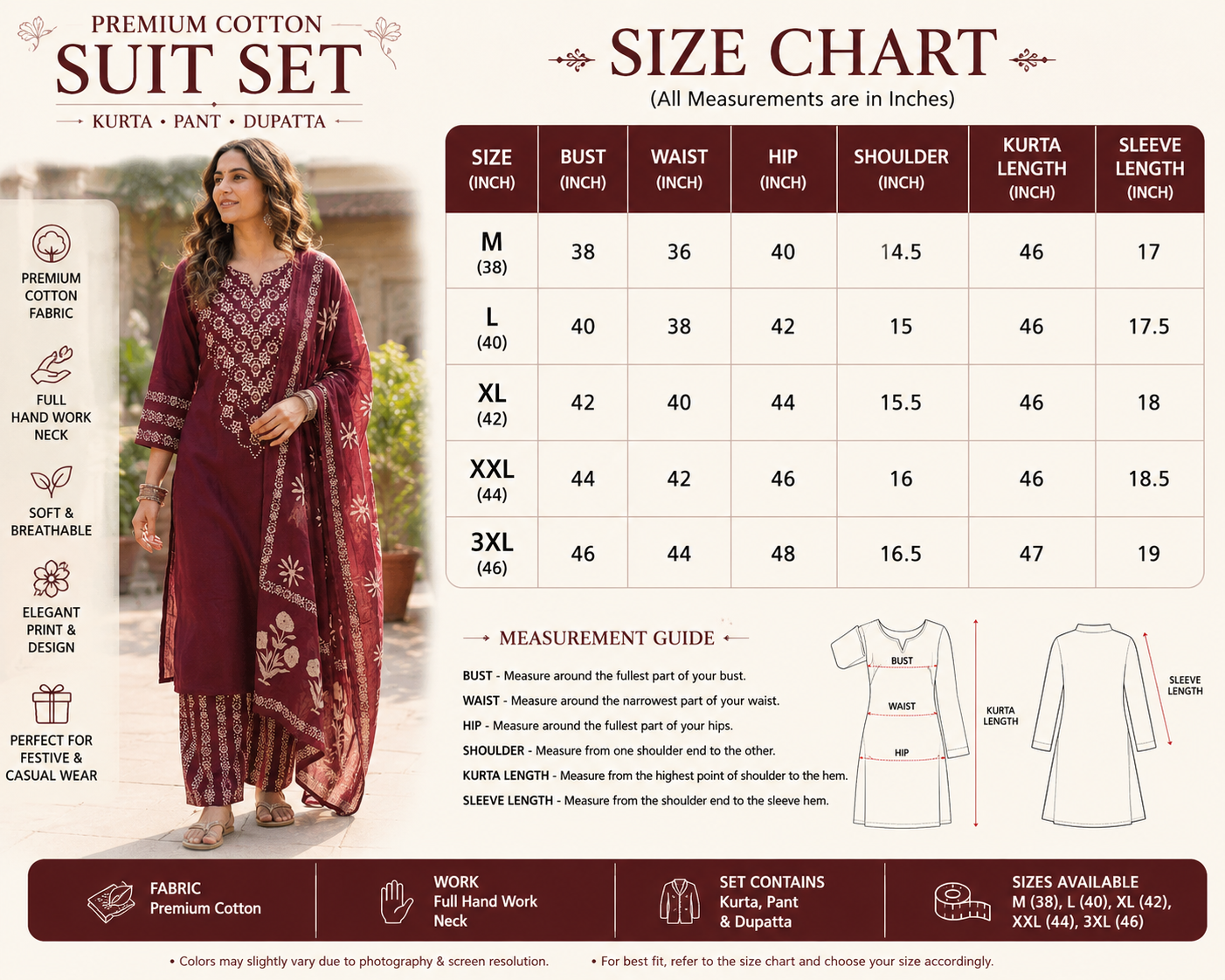 Premium Navy Blue, Orange & Deep Plum Purple Cotton Kurta Pant Dupatta Set for Women | Hand Block Print Ethnic Suit Set