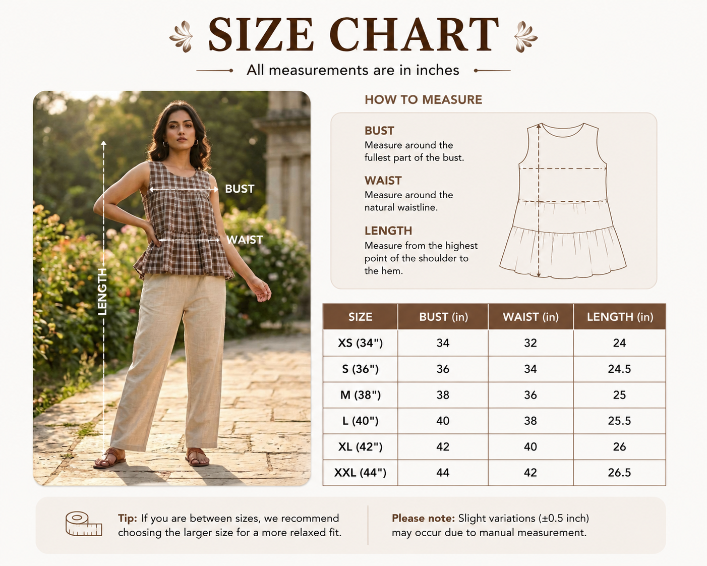 Women's Brown Checked Peplum Top with Beige Cotton Pants Co-Ord Set | Casual Summer Wea
