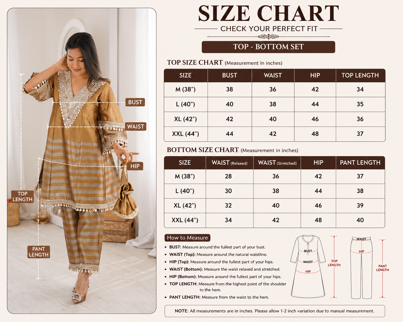 Women's Golden Mirror Work Top & Pant Set | Festive Ethnic Co-Ord Set | Attire Vogue