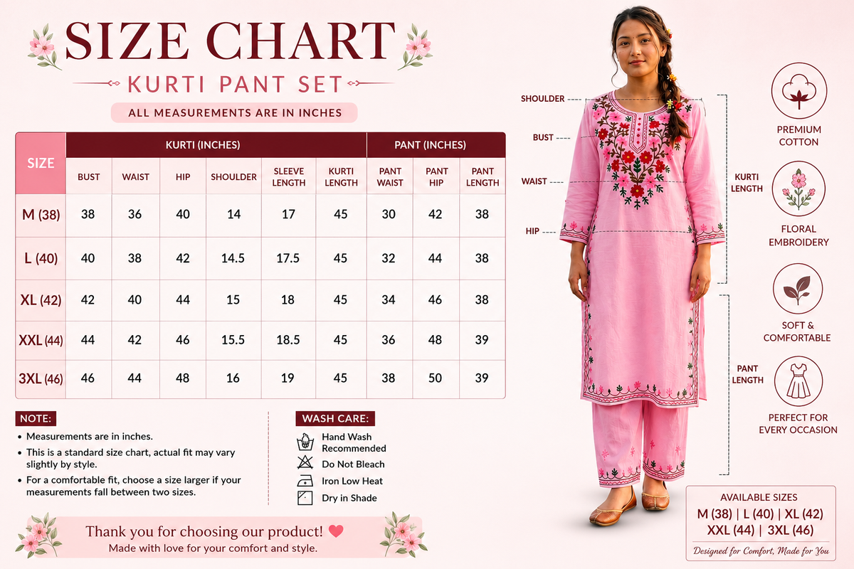 Women’s Premium Cotton Kurti Pant Set with Floral Embroidery | Ethnic Straight Pink & White Kurta & Pant Set