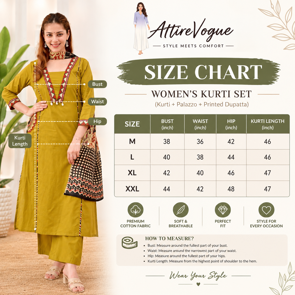 A size measurement chart for a women's kurti set by AttireVogue, featuring a model wearing a mustard yellow kurti with embroidered details on the left side, alongside a size table from M to XXL with bust, waist, hip, and kurti length measurements.