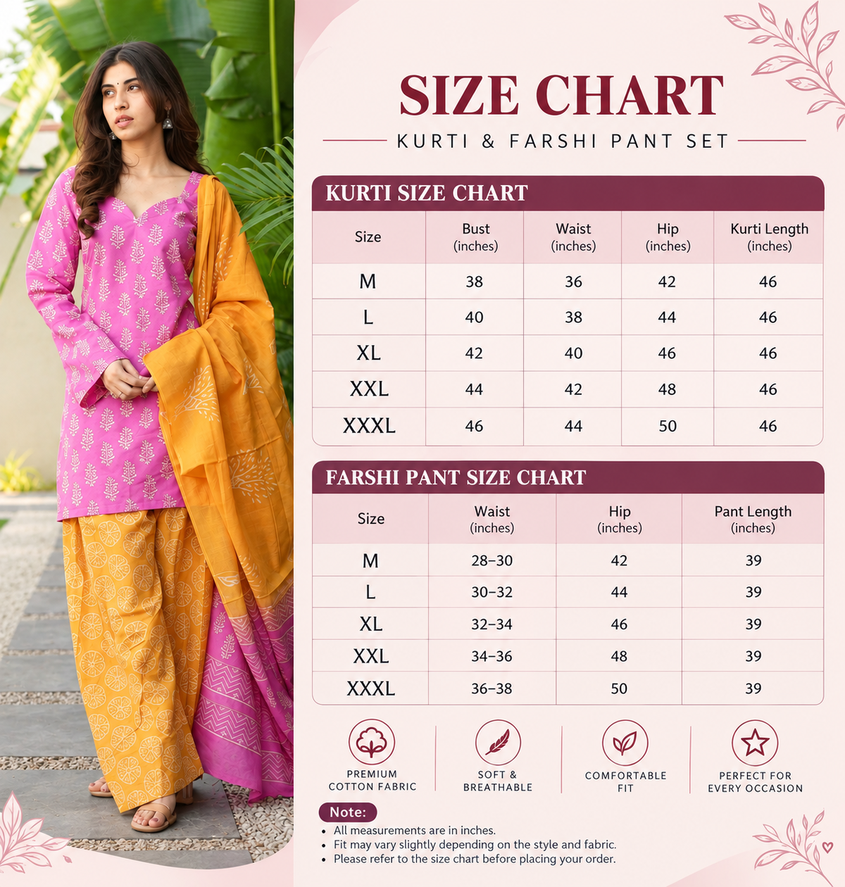 Pink Printed Kurti with Farshi Pant & Dupatta Set | Women’s Ethnic Cotton Suit Set
