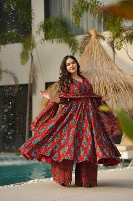 Attire Vogue Red Printed Anarkali Kurti Palazzo Set with Dupatta for Women