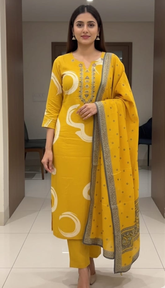 Mustard Yellow & Red Maroon Printed Kurta Pant Dupatta Set for Women | Elegant Ethnic Wear | Festive & Casual Kurti Set