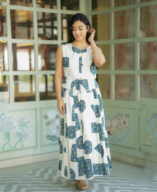 Attire Vogue Women's Cotton Printed A-Line Kurti Skirt Dress | Sleeveless Flared Ethnic Wear