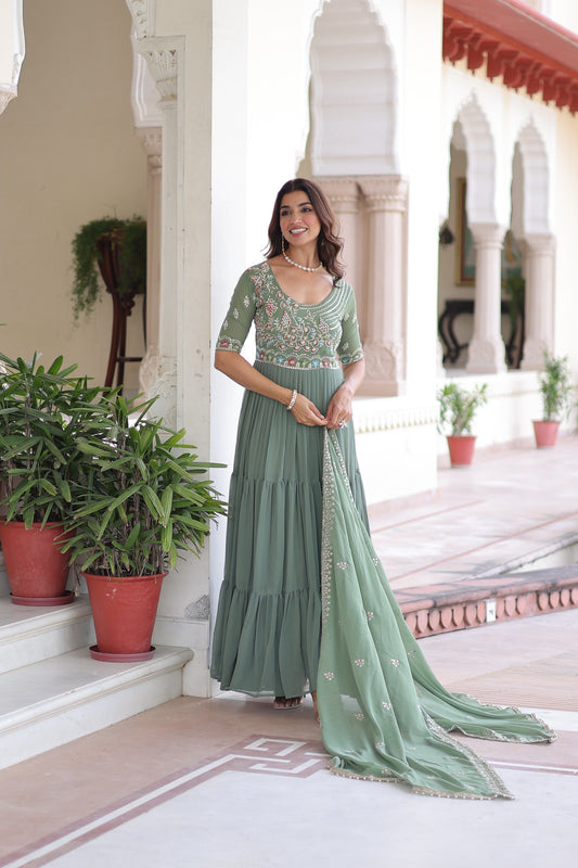 Attire Vogue Sage Green Embroidered Anarkali Gown with Dupatta | Women's Festive & Wedding Wear