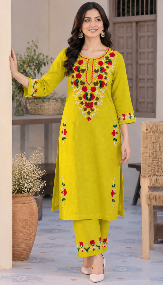 Women’s Premium Embroidered Maroon Red & Mustard Yellow Kurti Palazzo Set | Elegant Floral Ethnic Wear