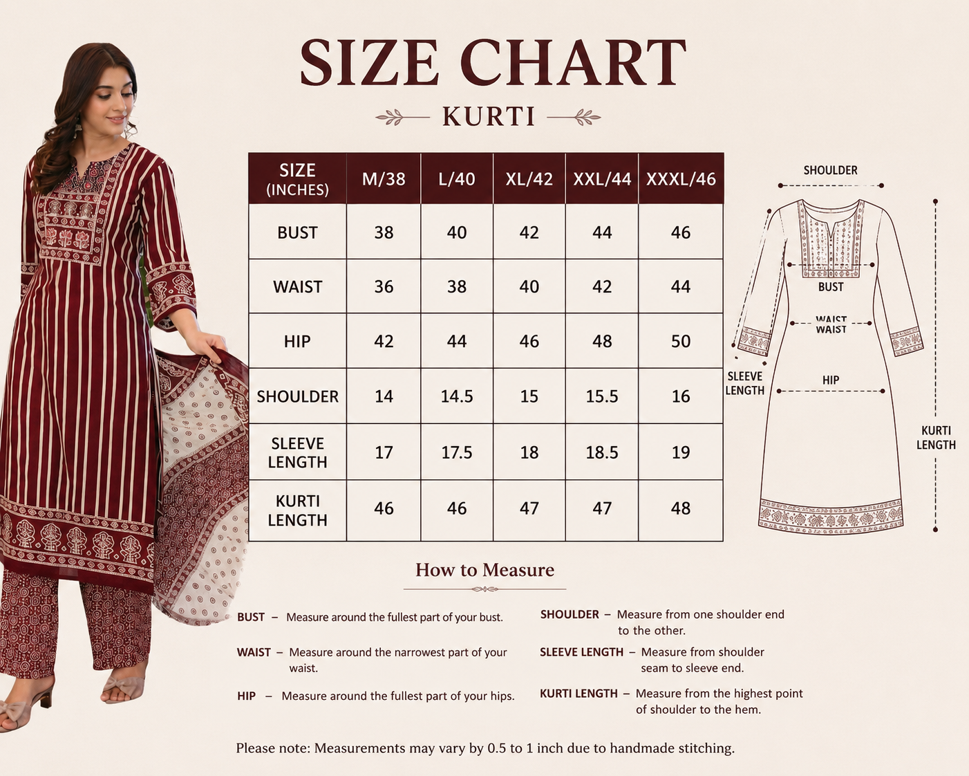 Maroon & Navy Blue Striped Printed Kurti Pant Dupatta Set for Women | Ethnic Cotton Kurta Set with 3/4 Sleeves