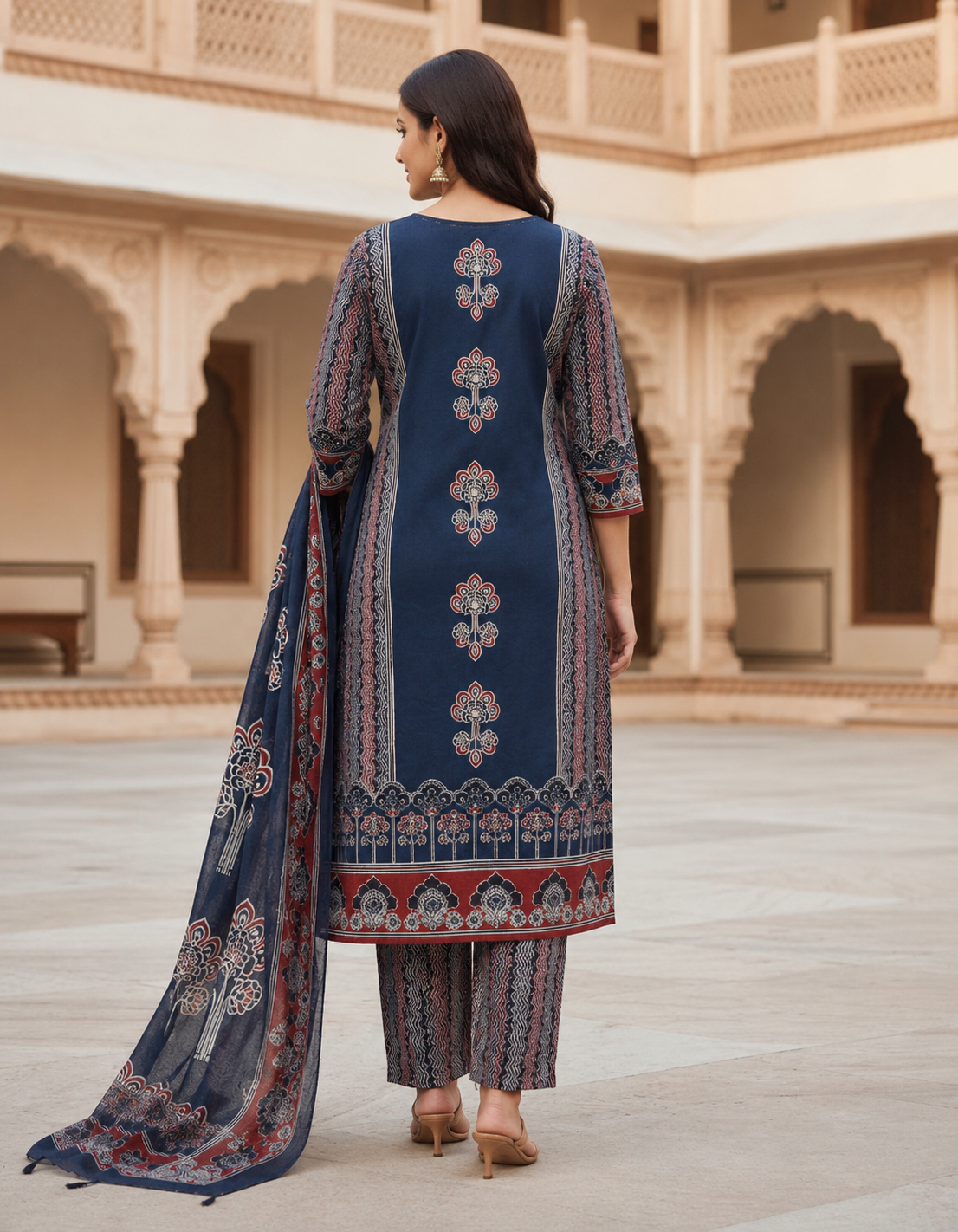 Maroon & Navy Blue Printed Kurti Suit Set with Dupatta for Women | Cotton Kurta Pant Set