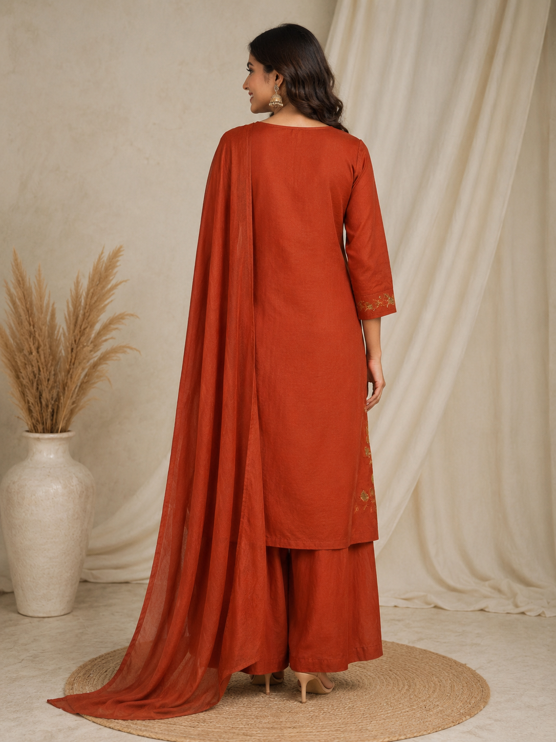 Rust Orange & Mustard Yellow Embroidered Kurta Set for Women with Dupatta & Palazzo – Ethnic Party Wear