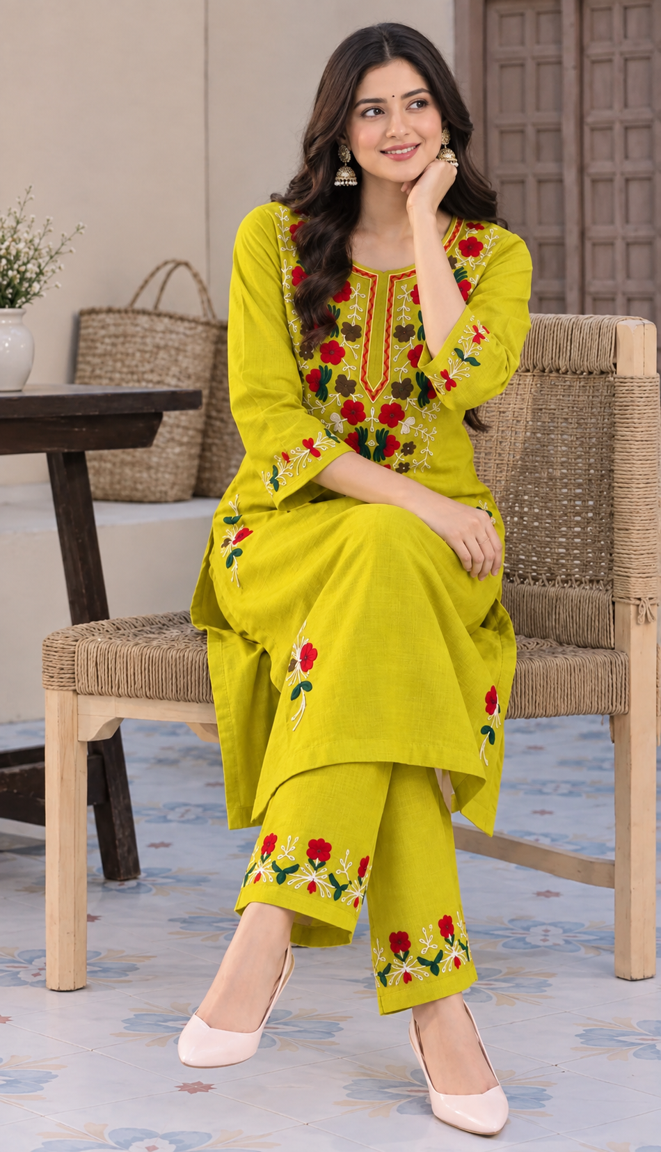 Women’s Premium Embroidered Maroon Red & Mustard Yellow Kurti Palazzo Set | Elegant Floral Ethnic Wear