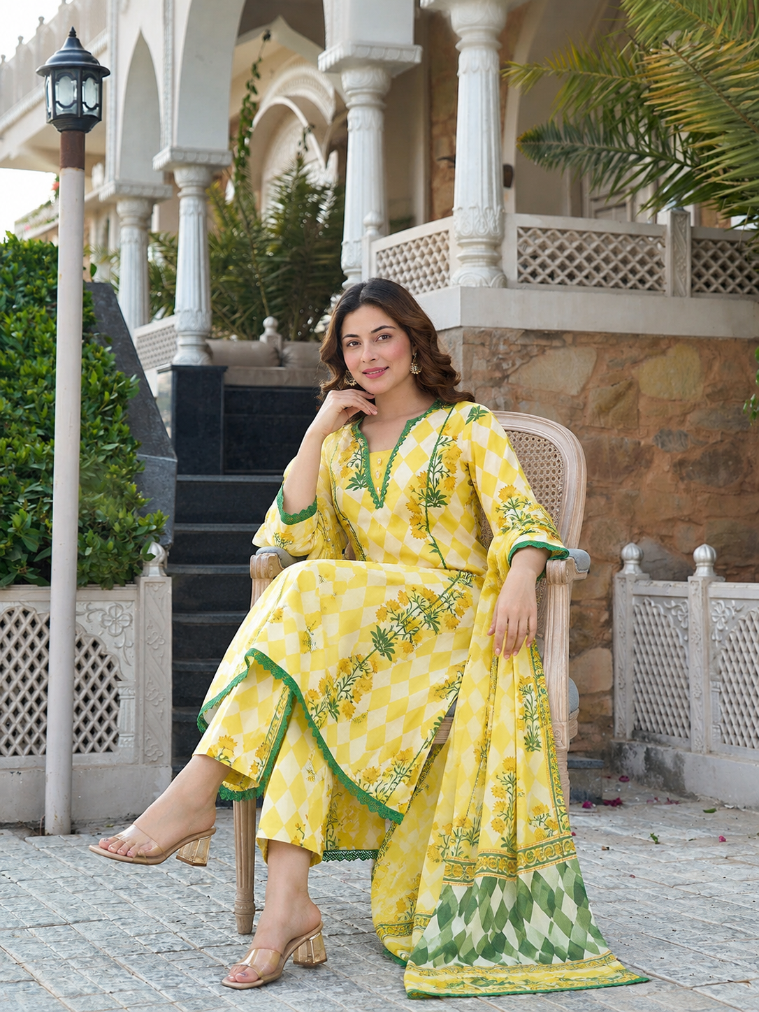 Floral Yellow Printed Anarkali Suit Set with Dupatta