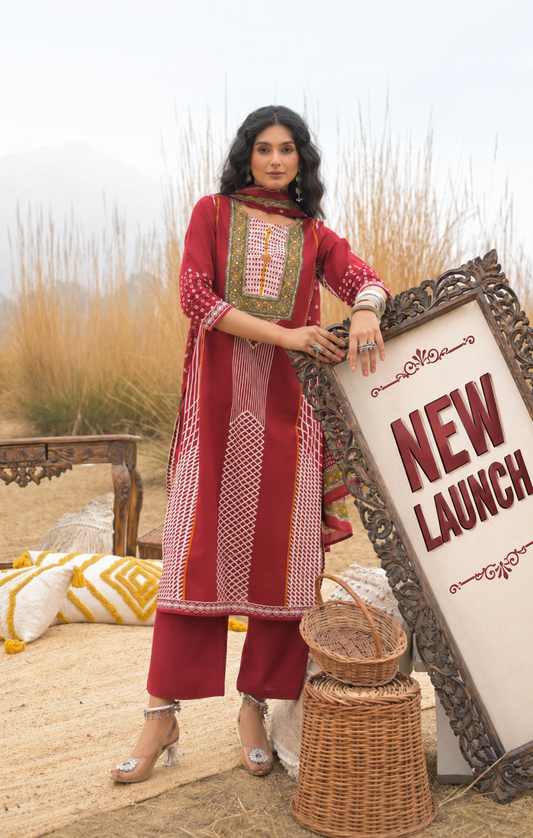 Women’s Navy Blue & Maroon Printed Kurta Pant Dupatta Set | Premium Cotton Ethnic Wear for Women | Attire Vogue