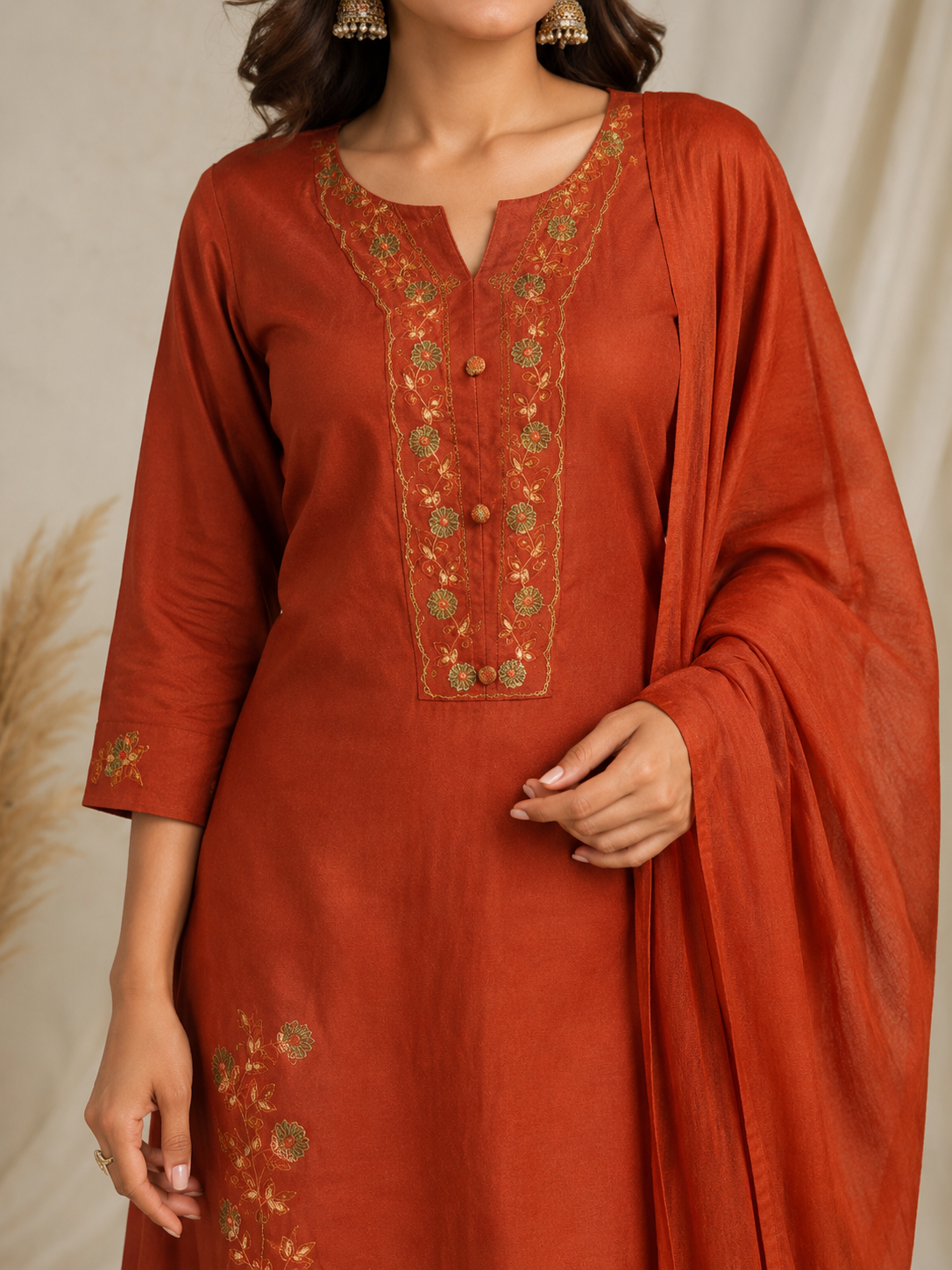 Rust Orange & Mustard Yellow Embroidered Kurta Set for Women with Dupatta & Palazzo – Ethnic Party Wear
