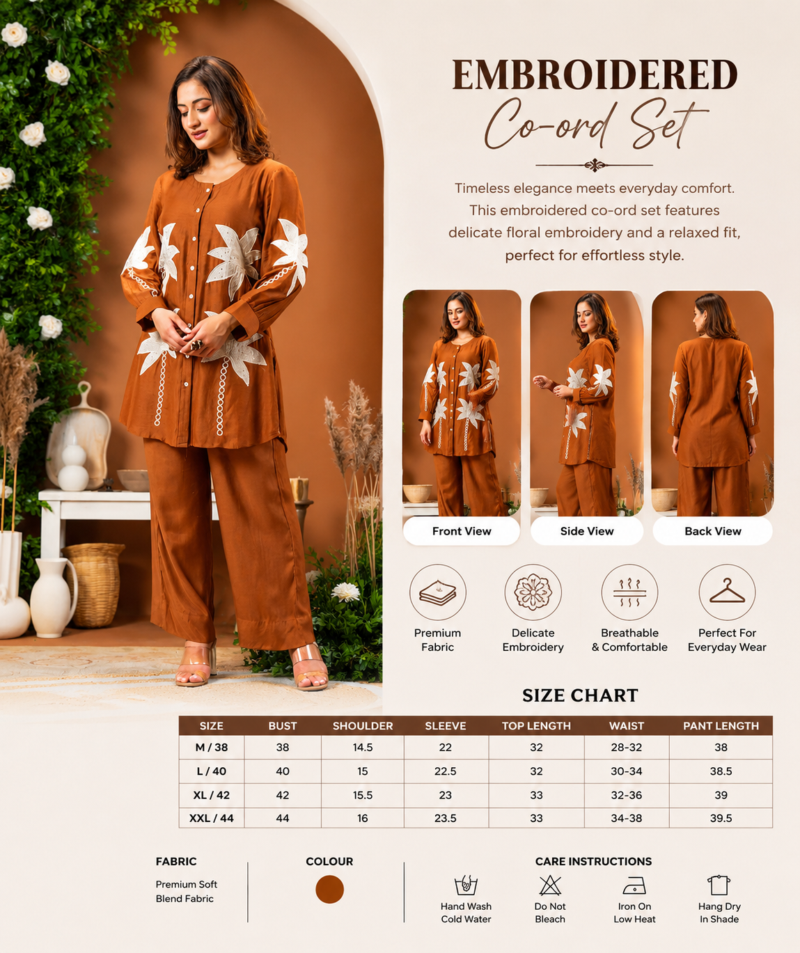 Women's Brown Embroidered Kurti Palazzo Co-Ord Set | Designer Ethnic Wear for Women