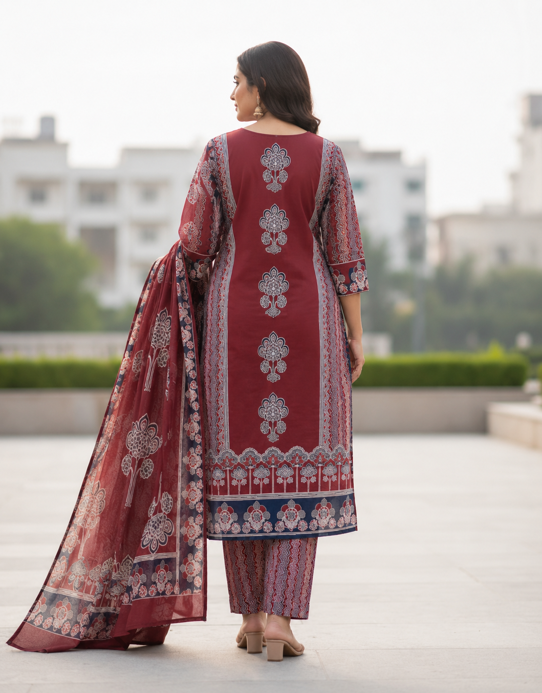 Maroon & Navy Blue Printed Kurti Suit Set with Dupatta for Women | Cotton Kurta Pant Set
