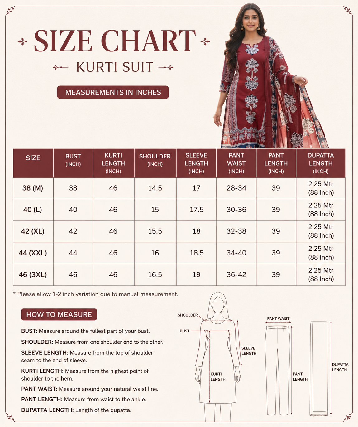Maroon & Navy Blue Printed Kurti Suit Set with Dupatta for Women | Cotton Kurta Pant Set