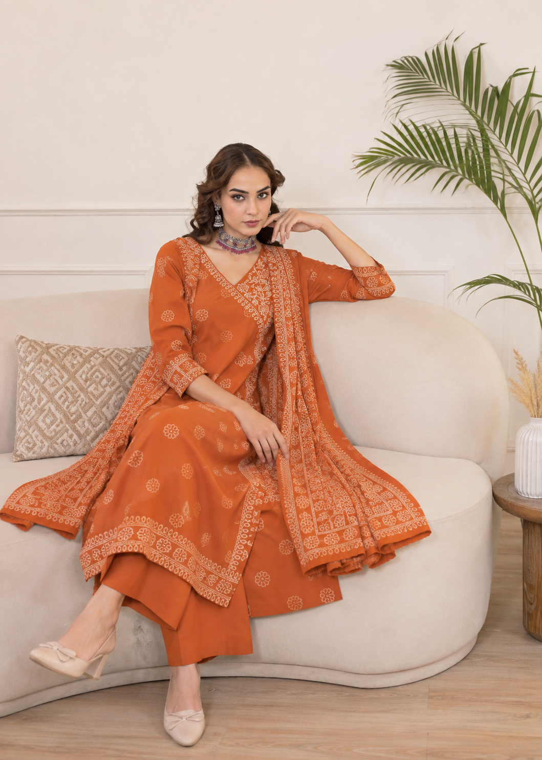 Women's Brown & Terracotta Orange Printed Angrakha A-Line Kurti Pant Dupatta Set | Stylish Ethnic Wear