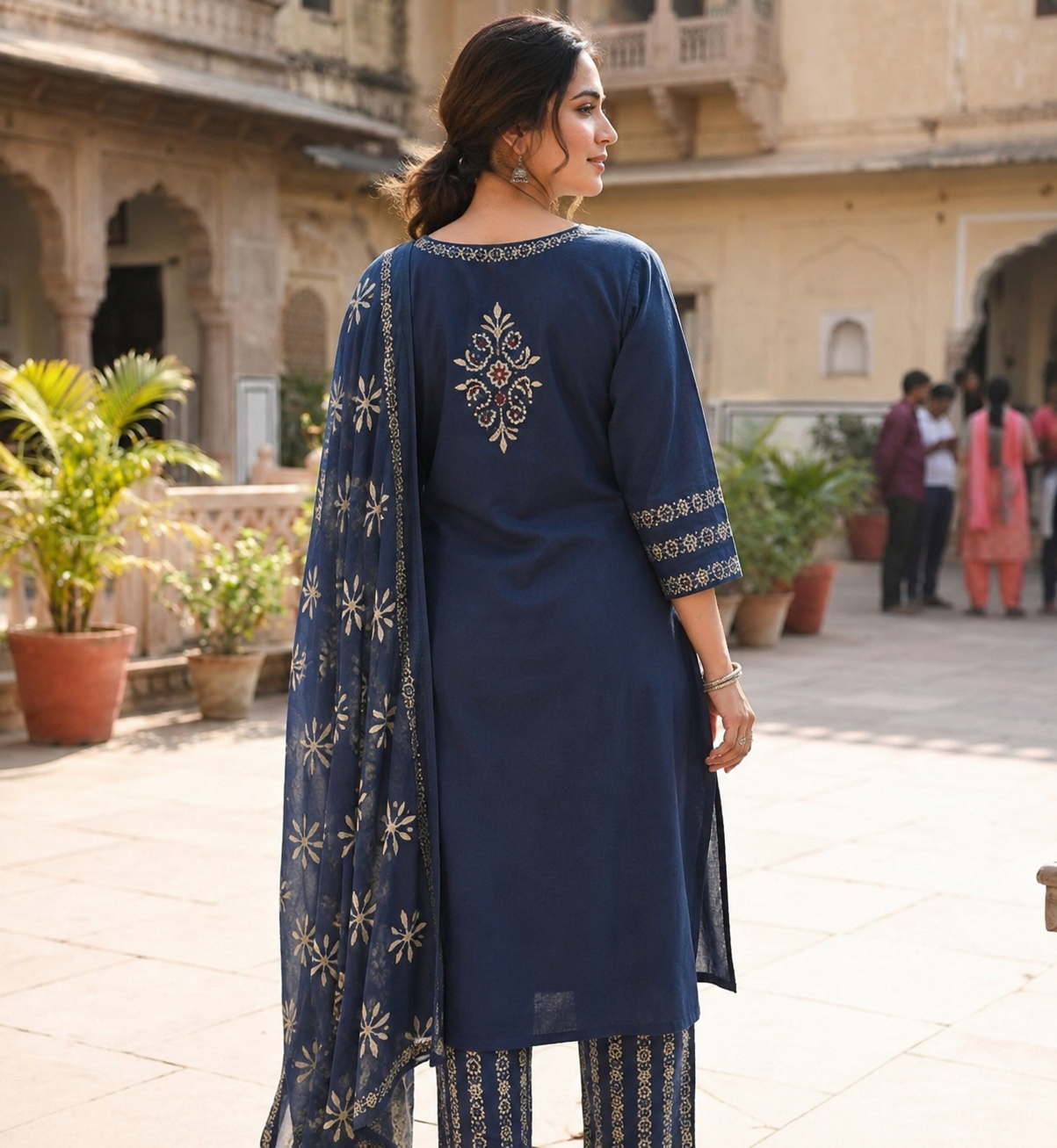 Premium Navy Blue, Orange & Deep Plum Purple Cotton Kurta Pant Dupatta Set for Women | Hand Block Print Ethnic Suit Set