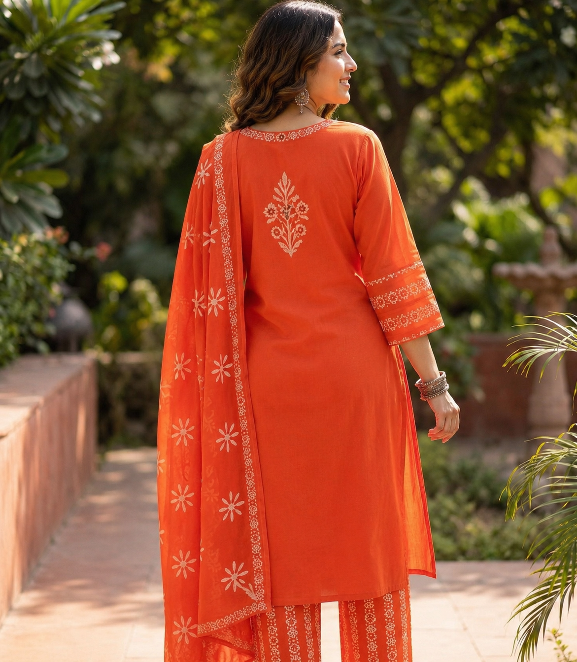 Premium Navy Blue, Orange & Deep Plum Purple Cotton Kurta Pant Dupatta Set for Women | Hand Block Print Ethnic Suit Set