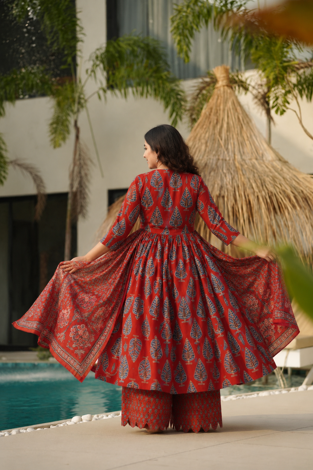 Attire Vogue Red Printed Anarkali Kurti Palazzo Set with Dupatta for Women