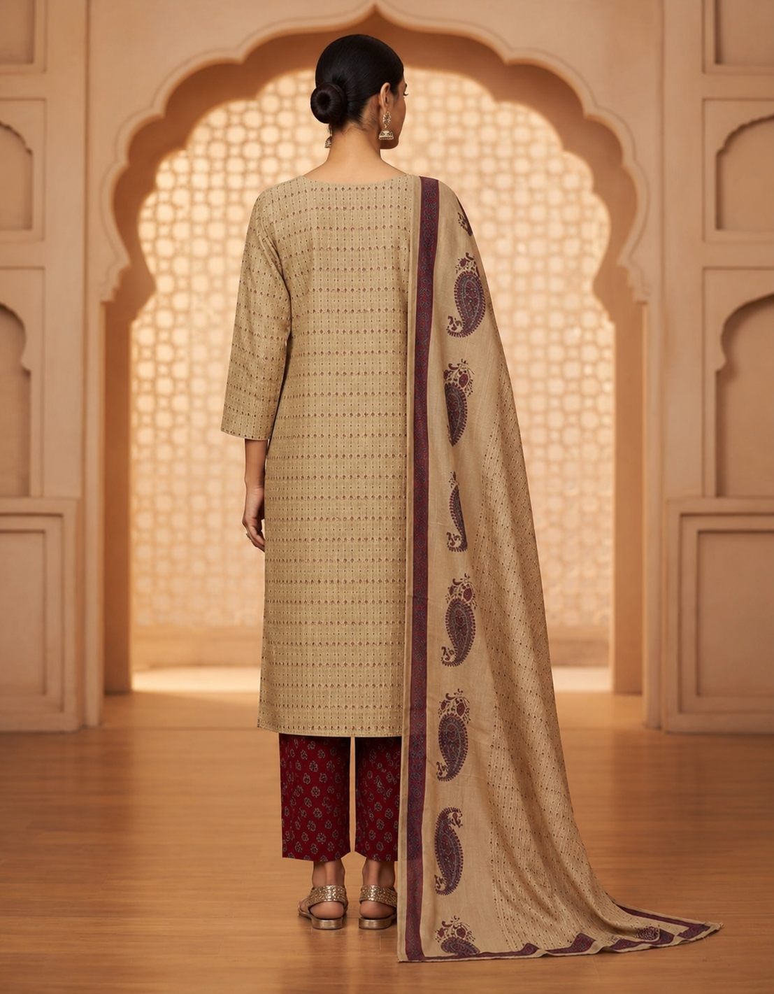 Beige Paisley Print Kurta Pant  Suit Set with Dupatta for Women | Festive & Casual Wear | Attire Vogue
