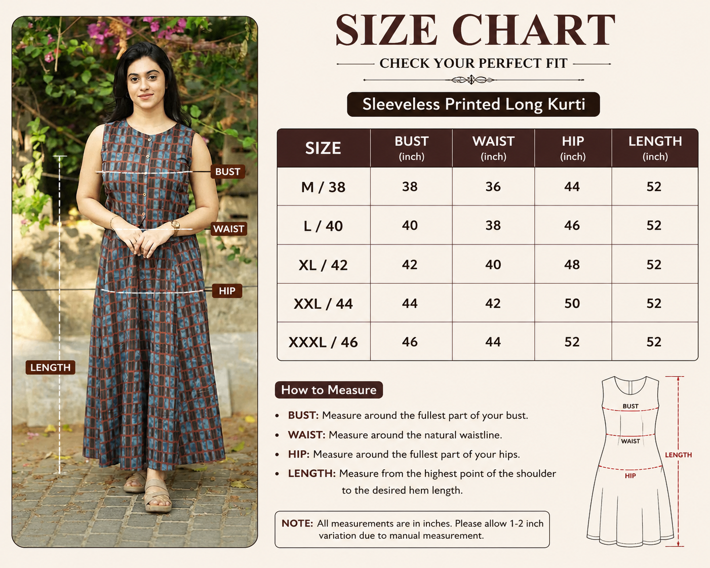 Attire Vogue Women's Cotton Printed A-Line Kurti Skirt Dress | Sleeveless Flared Ethnic Wear