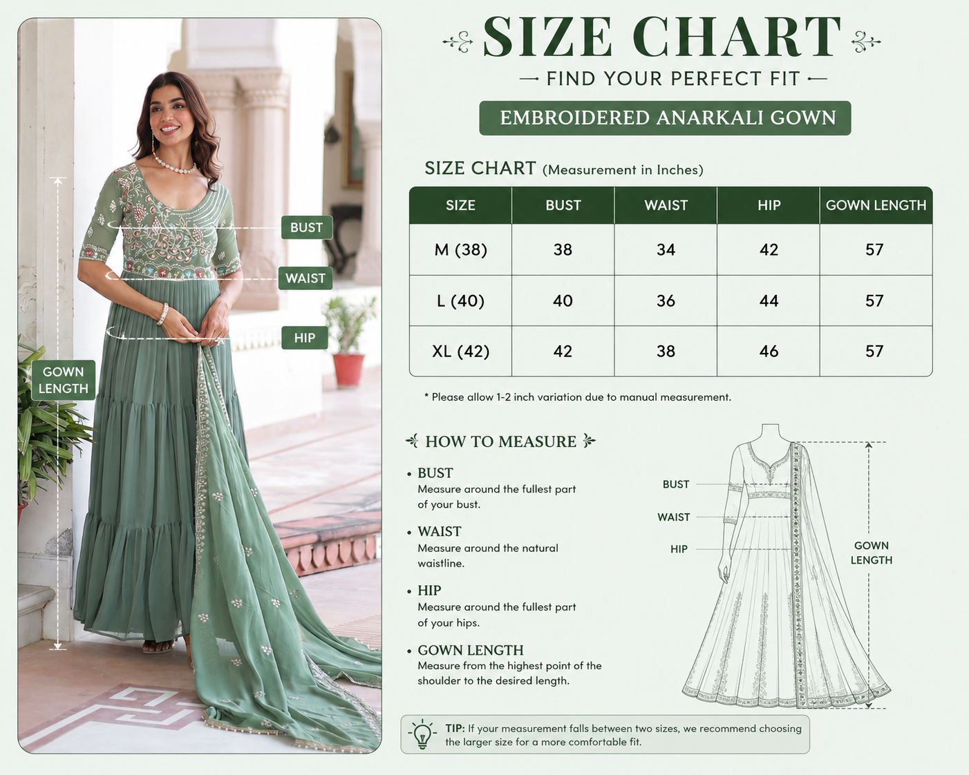 Attire Vogue Sage Green Embroidered Anarkali Gown with Dupatta | Women's Festive & Wedding Wear