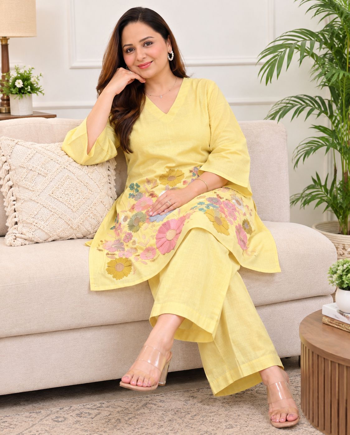 Women’s Embroidered Yellow Cotton Coord Set | Floral Embroidery Kurta Pant Set | Attire Vogue