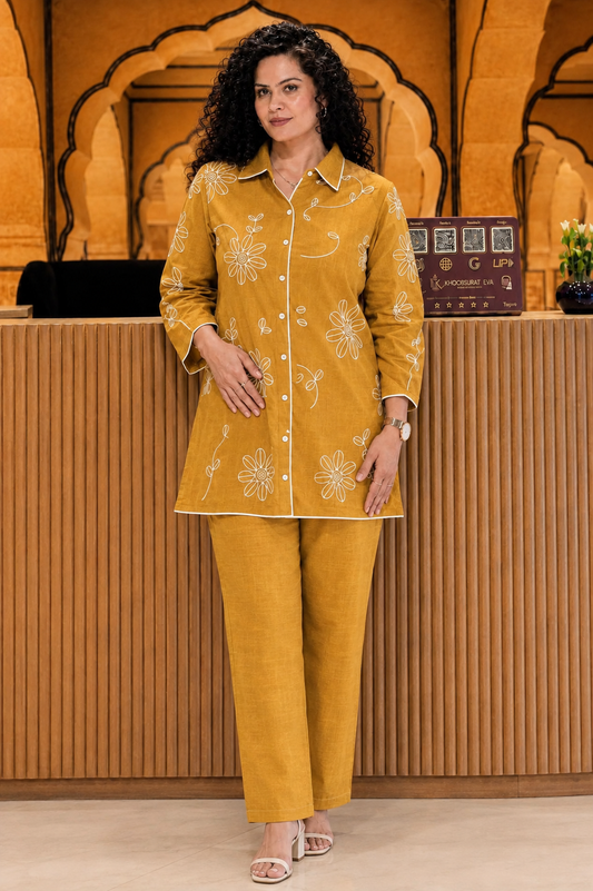Women’s Mustard Floral Embroidered Co-Ord Set – Stylish Kurta Pant Set