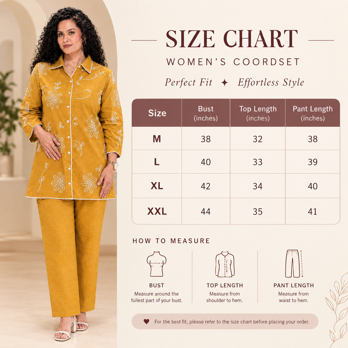 Women’s Mustard Floral Embroidered Co-Ord Set – Stylish Kurta Pant Set