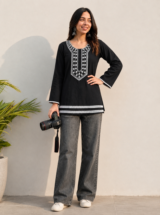 Black & Pink Cotton Kurti for Women