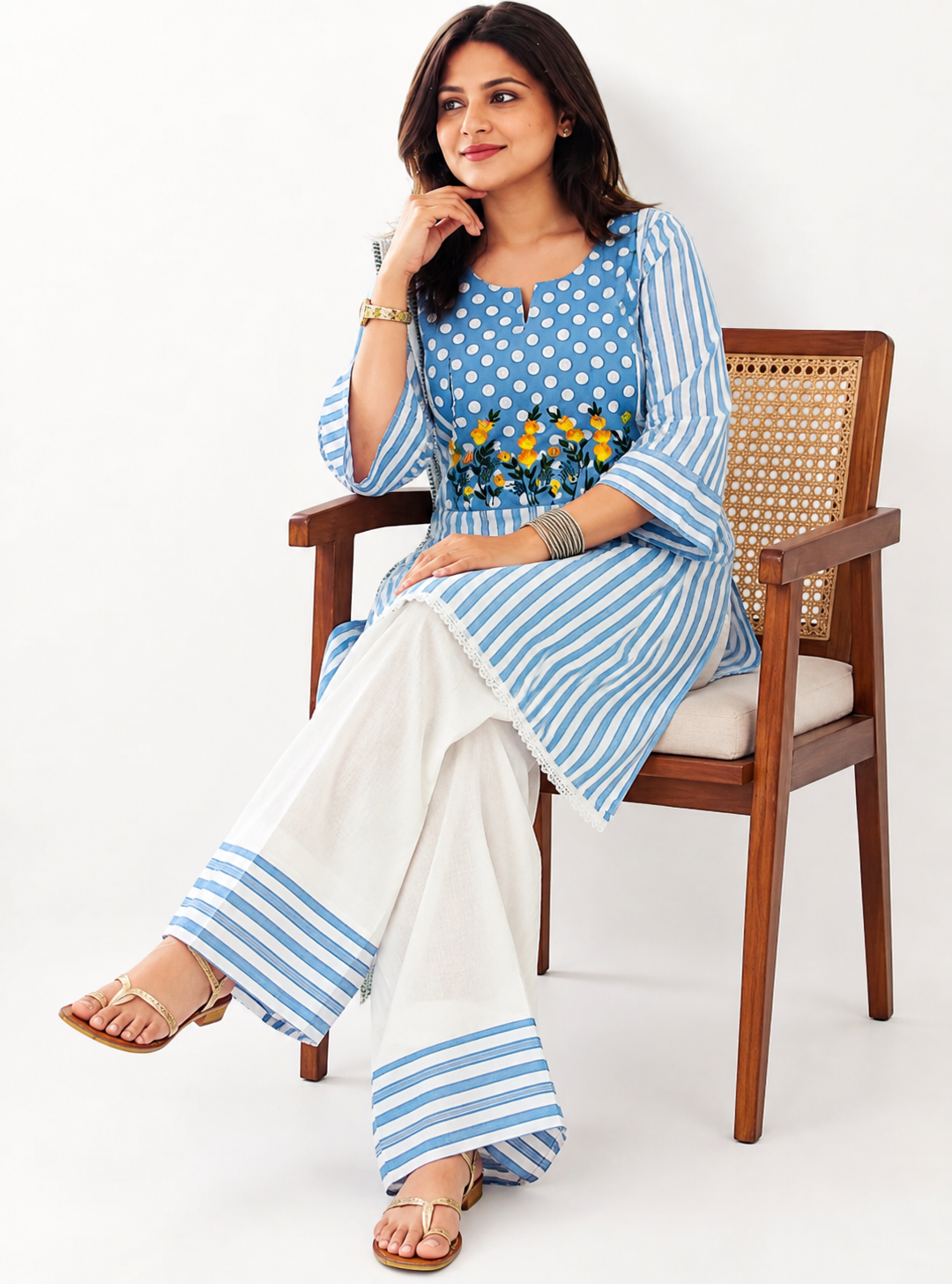 Blue Printed Kurti with Farshi Pant Set | Floral Embroidered Cotton Kurta Pant Set for Women