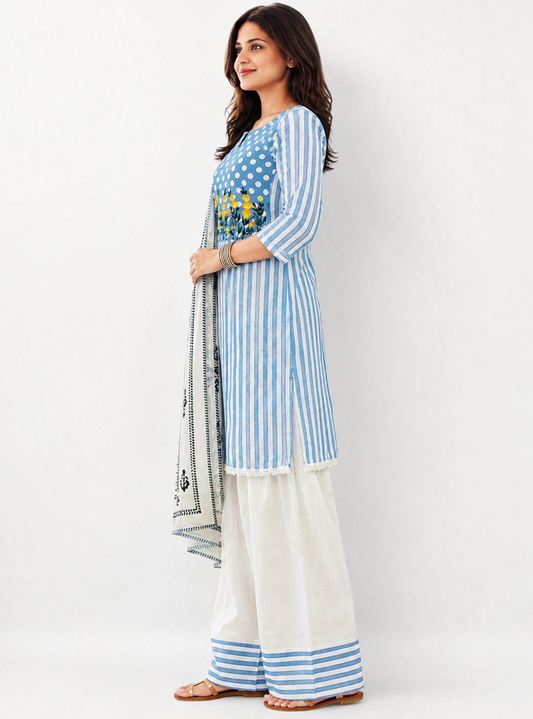 Blue Printed Kurti with Farshi Pant Set | Floral Embroidered Cotton Kurta Pant Set for Women