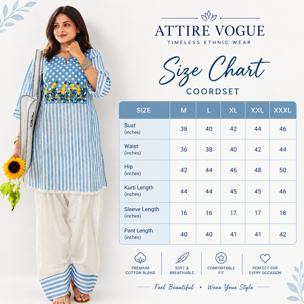 Blue Printed Kurti with Farshi Pant Set | Floral Embroidered Cotton Kurta Pant Set for Women