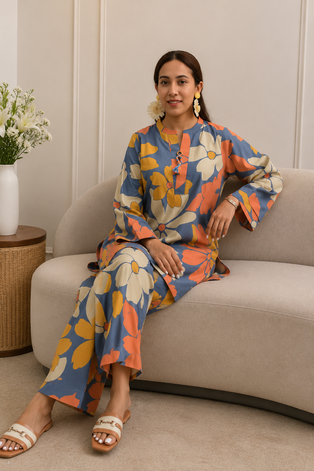 Women’s Floral Printed Kurti Pant Set | Blue Cotton Co-Ord Set | Stylish Casual Ethnic Wear