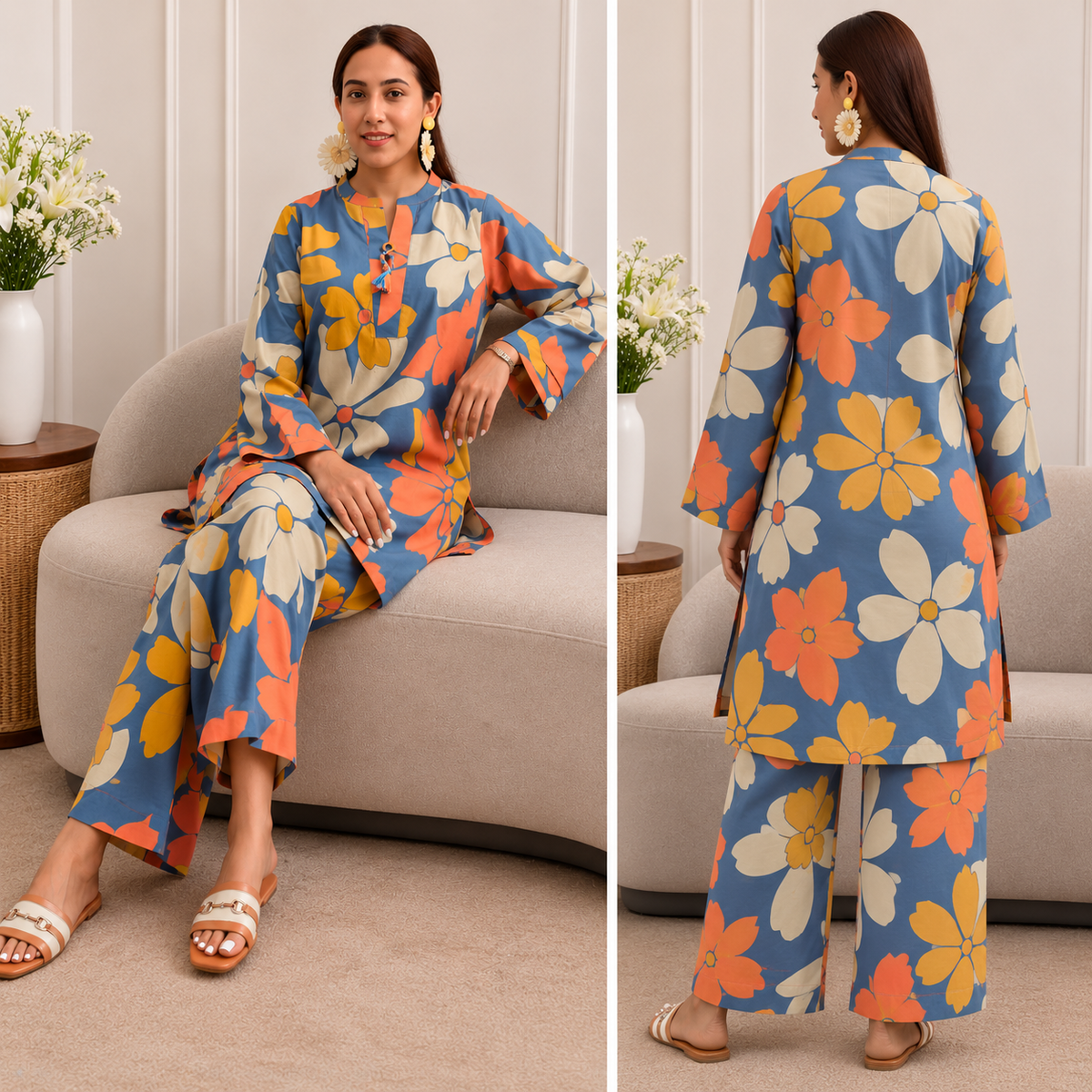 Women’s Floral Printed Kurti Pant Set | Blue Cotton Co-Ord Set | Stylish Casual Ethnic Wear