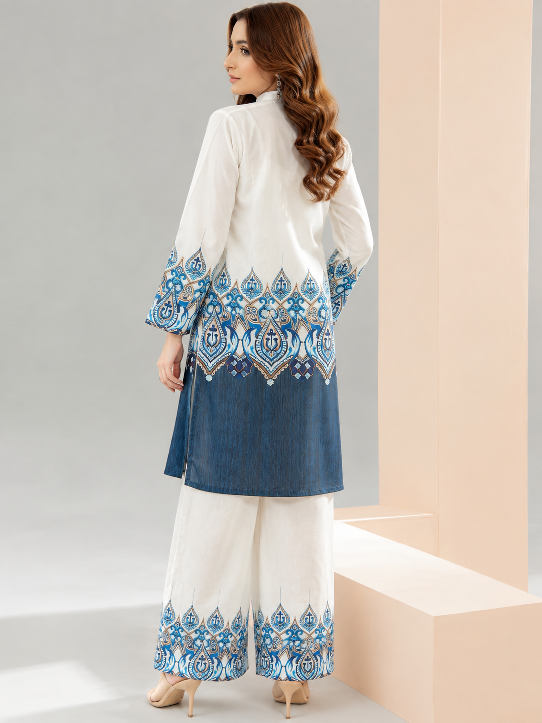 Premium Women’s White & Blue Printed Kurti Pant Set | Designer Ethnic Co-Ord Set | Elegant Cotton Kurta Palazzo Set
