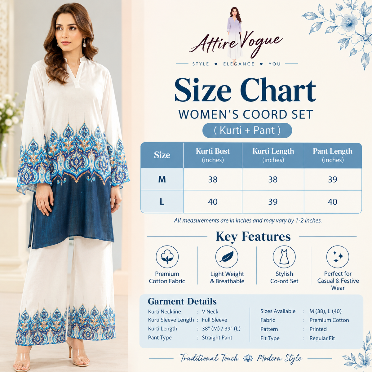Premium Women’s White & Blue Printed Kurti Pant Set | Designer Ethnic Co-Ord Set | Elegant Cotton Kurta Palazzo Set