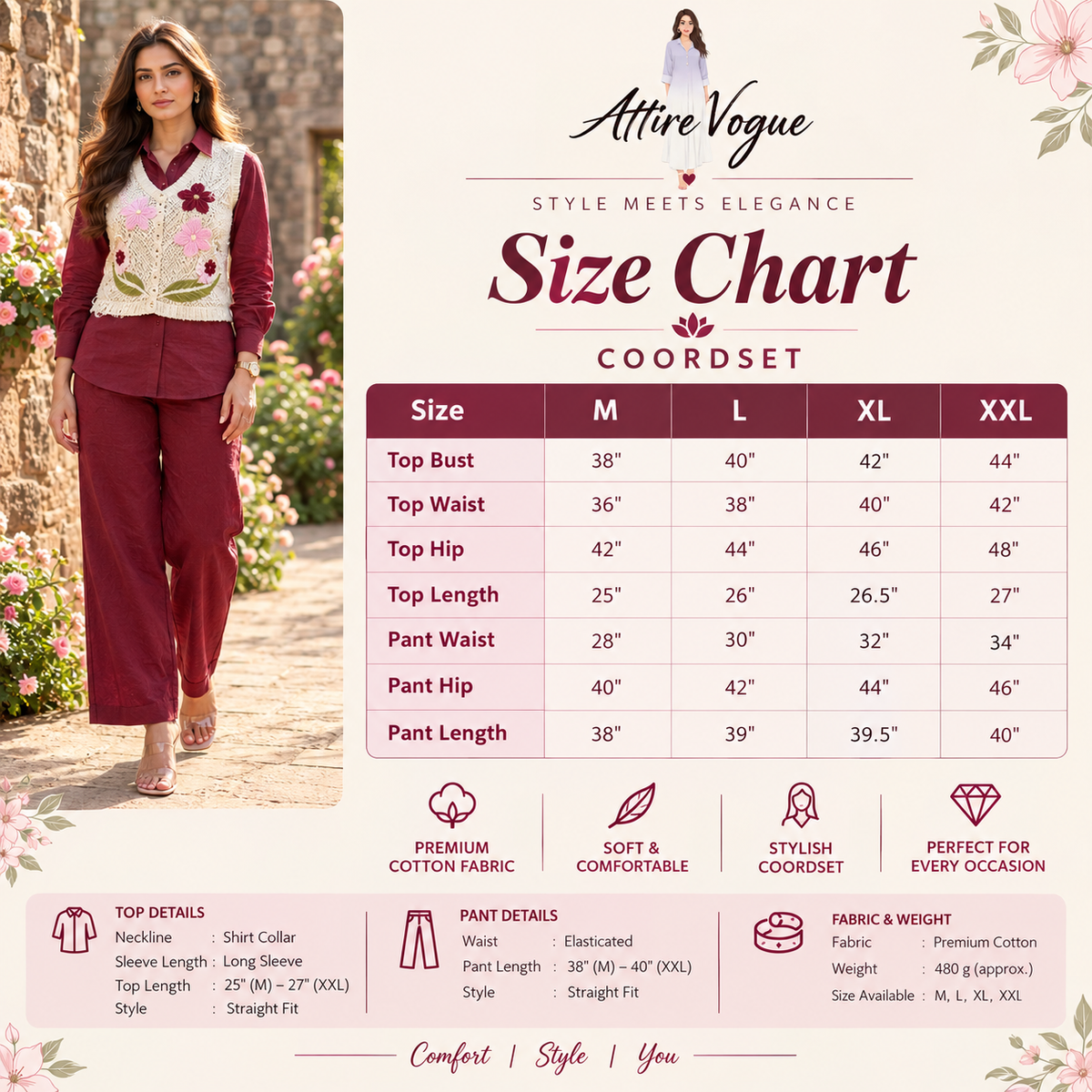 Premium Cotton Coord Set for Women | Maroon Floral Embroidered Co-ord Set