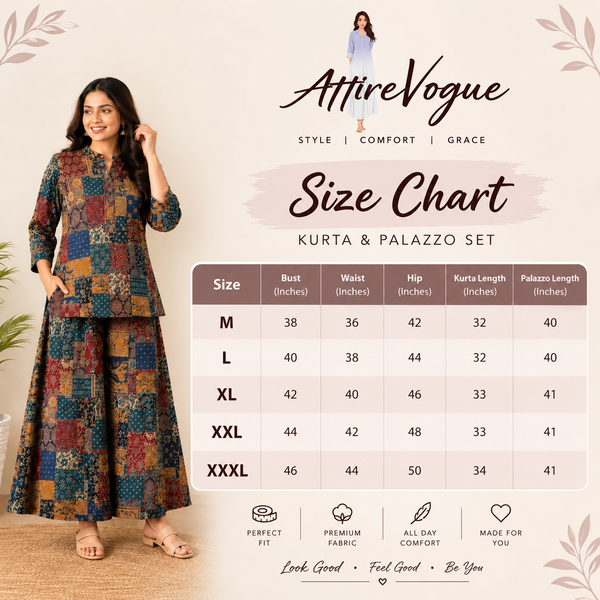 Women’s Printed Kurta Palazzo Set | Stylish Cotton Blend Kurta with Wide-Leg Palazzo | Festive & Casual Wear