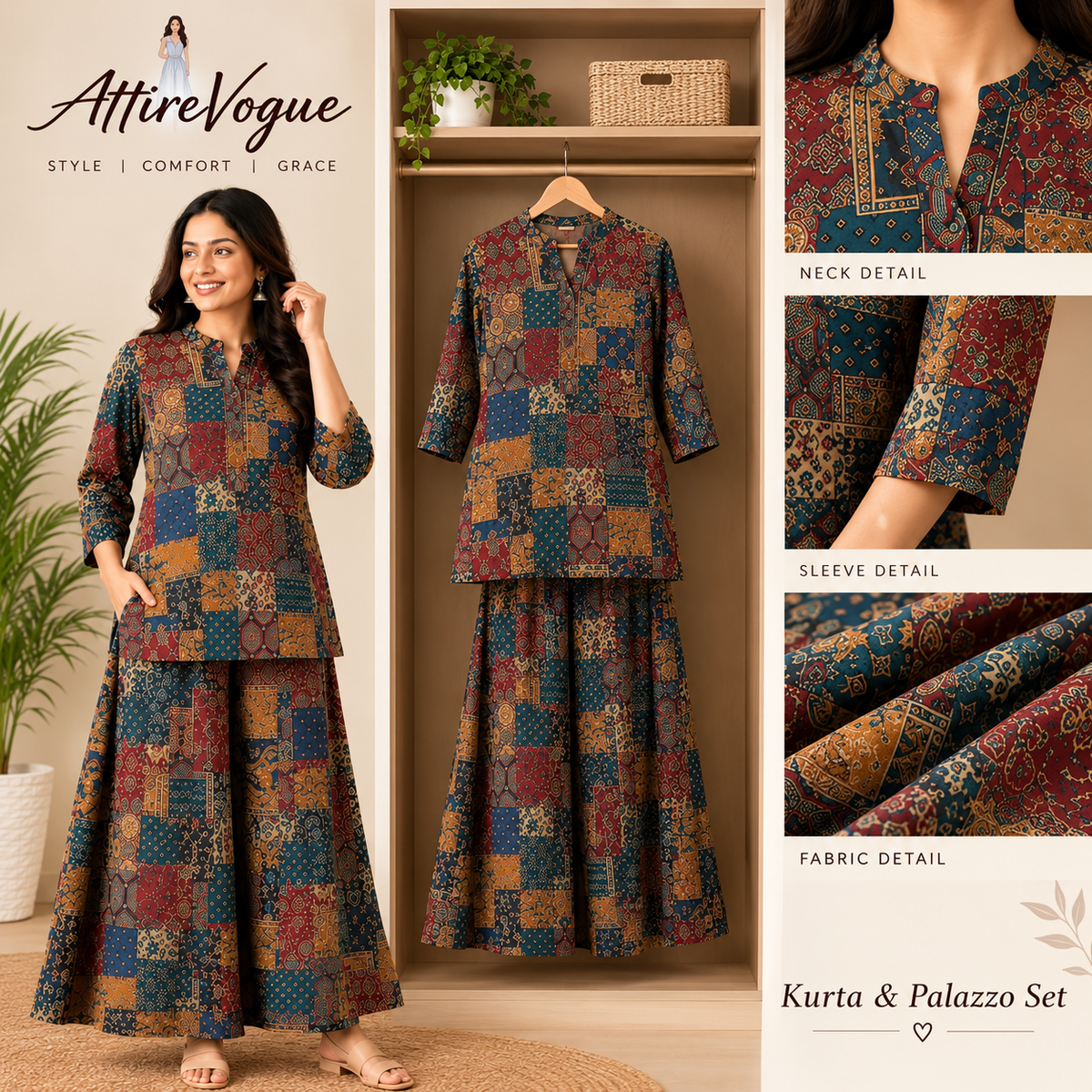 Women’s Printed Kurta Palazzo Set | Stylish Cotton Blend Kurta with Wide-Leg Palazzo | Festive & Casual Wear