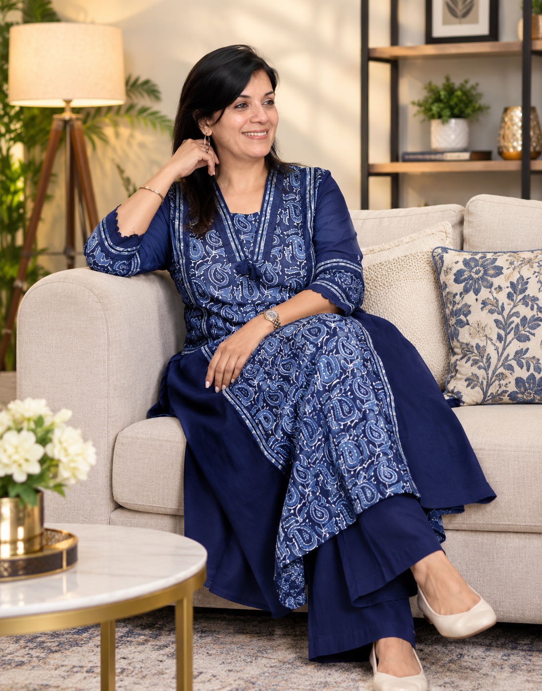 Blue Kalamkari A-Line Kurti with Pant | Printed Ethnic Kurta Set for Women