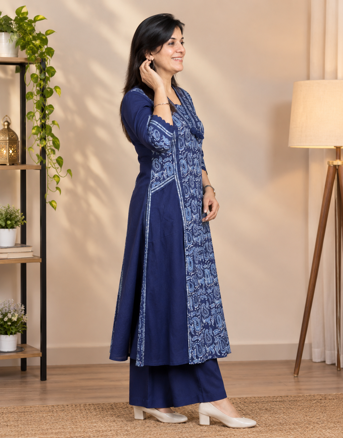Blue Kalamkari A-Line Kurti with Pant | Printed Ethnic Kurta Set for Women
