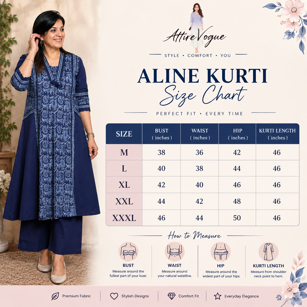 Blue Kalamkari A-Line Kurti with Pant | Printed Ethnic Kurta Set for Women