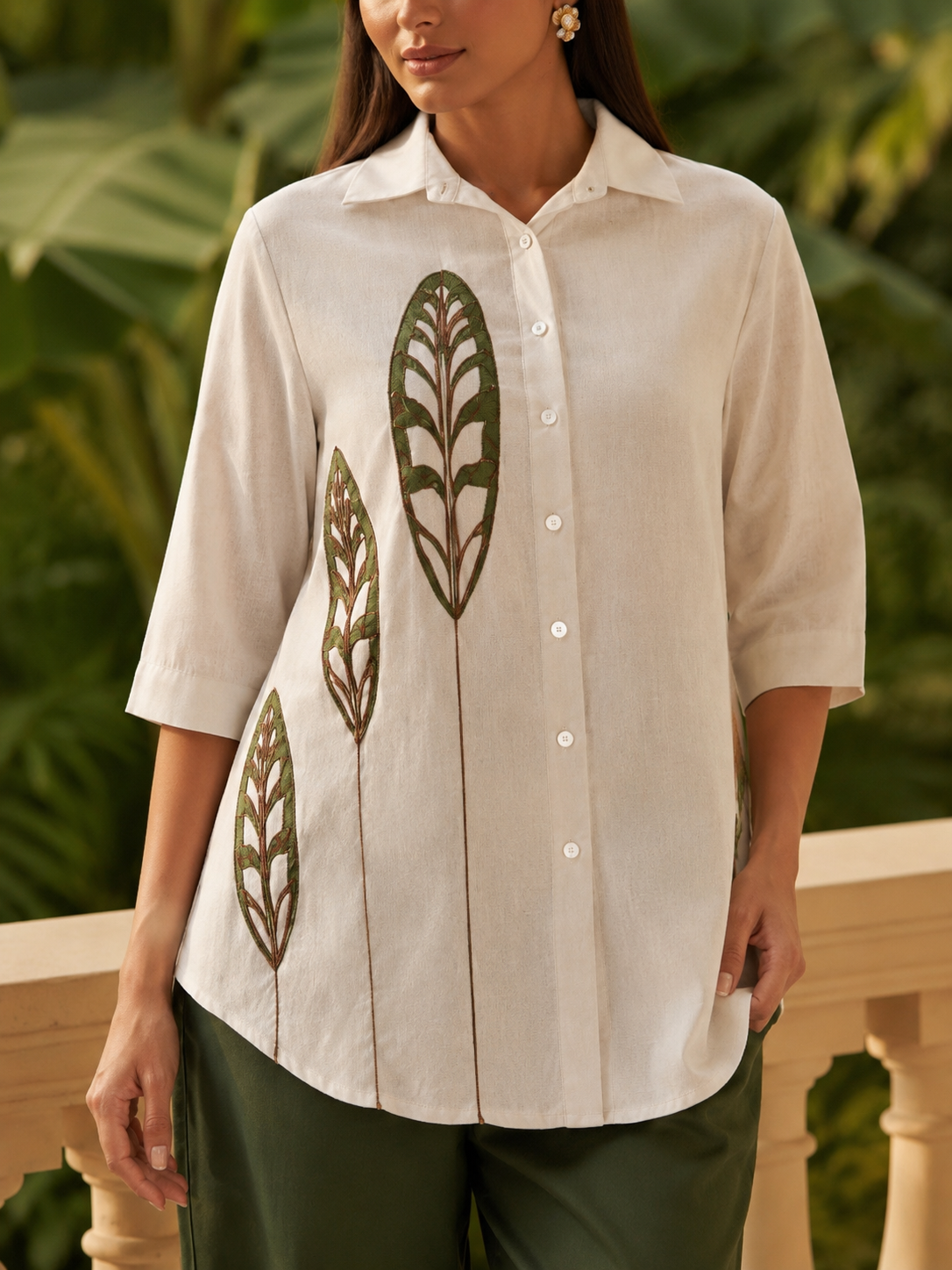 Botanical Embroidered Co-ord Set for Women | Premium Linen Shirt & Pants
